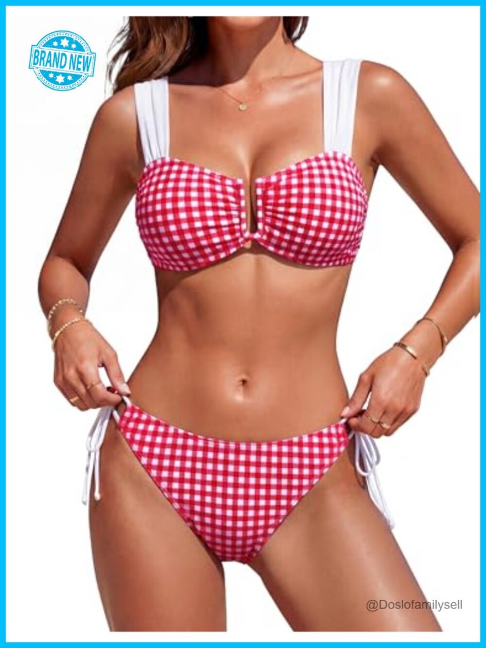 Women's Bikini Set Mid Waist Two Piece Swimsuits Gingham Tie Back